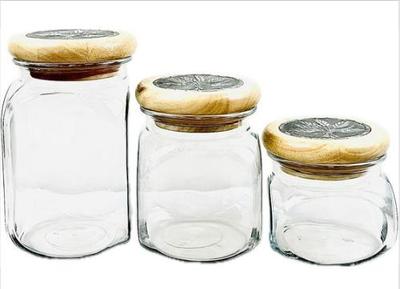 Sale Photo Thumbnail #64: Kitchen Glass Storage Canister Jars With Decorative Wooden & Metal Wheat Sheaf Relief Design On Lids