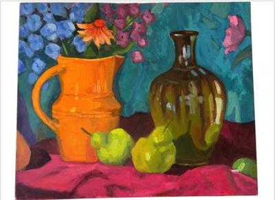 Sale Photo Thumbnail #44: Orange Vase Of Flowers Painting - Attributed To Britt Bair