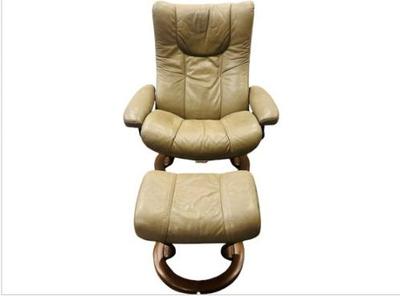 Sale Photo Thumbnail #10: Ekornes Stressless Large Taupe Leather Swivel Recliner Chair & Ottoman