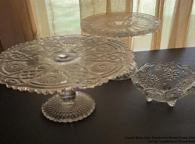 Crystal glass cake stands and footed candy dish