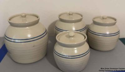 Blue stripe stoneware canister