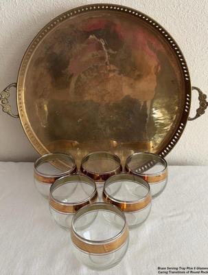 Brass serving tray plus 6 glasses