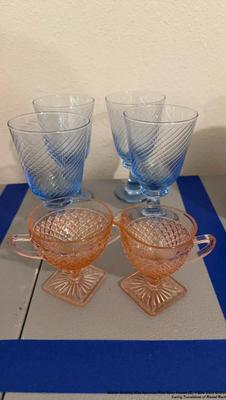 Anchor hocking miss american pink open footed 2); 4 blue swirl goblet