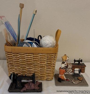Sewingcrocheting supplies plus 2 sewing figurines