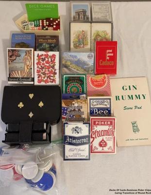 Decks of cards dominoes and chips