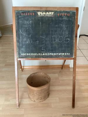 Childs school chalkboard and a bent wood cheese box