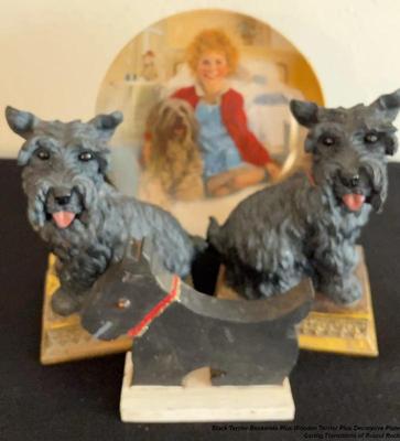 Black terrier bookends plus wooden terrier plus decorative plate
