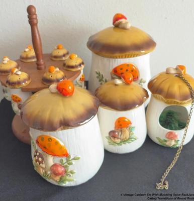4 vintage canister set with matching spice rackjars