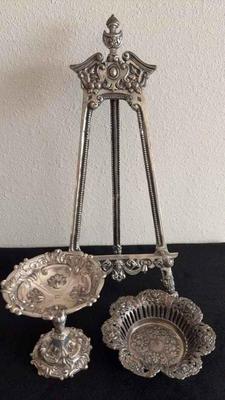 Iron easel plus 2 ornate server dishes