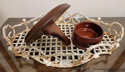 Large metal table tray plus wooden shelf dish