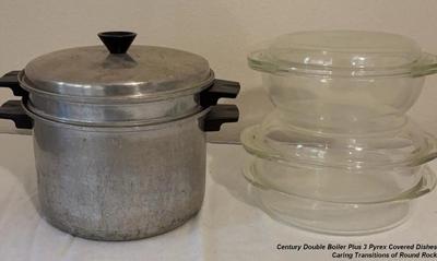 Century double boiler plus 3 pyrex covered dishes