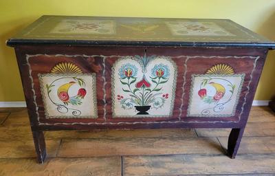 Folk Art Hand-Painted Dowry Chest | Scandinavian or Pennsylvania Dutch Style Wooden Trunk