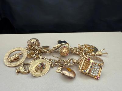14K Gold Charm Bracelet | Charms include Piano, Hourglass & Crown | 125.73g | Jeweler Evaluated