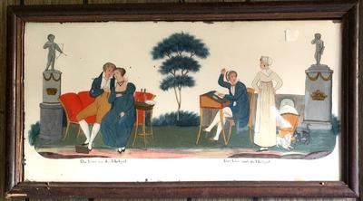 Sale Photo Thumbnail #51: Antique 19th c. reverse painted glass panel comically depicting before and after marriage.