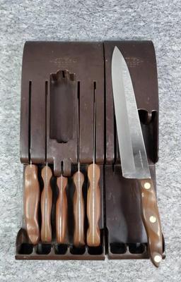 Cutco chef s cutlery knives, icing spatula, hanging rack