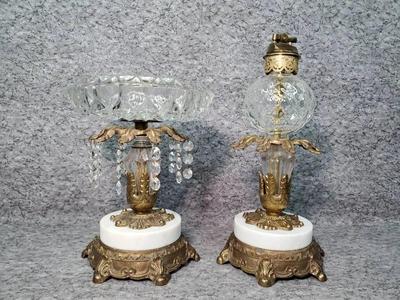 Vintage brass crystal ashtray and lighter on marble bases