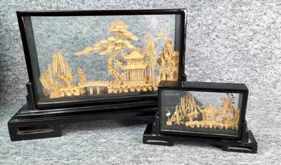 Asian cork art dioramas on stands