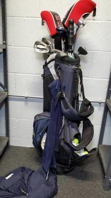 Golf gear clubs bag, balls, tees, jacket, umbrella, red sox covers