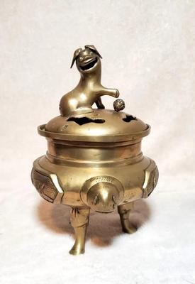 Brass foo dog chinese guardian incense pot