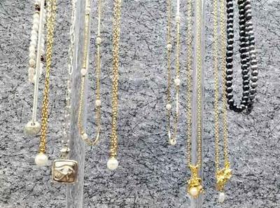 Necklaces faux pearls pendants, silver and gold tone mix