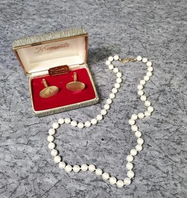 Krementz 14k gold overlay cufflinks monogrammed), pearl necklace