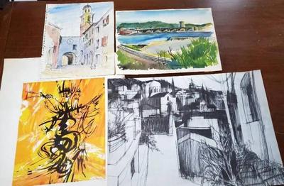 Signed original watercolors charcoal drawing, lithograph