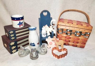 Americana country home decor, ceramics, basket, boxes