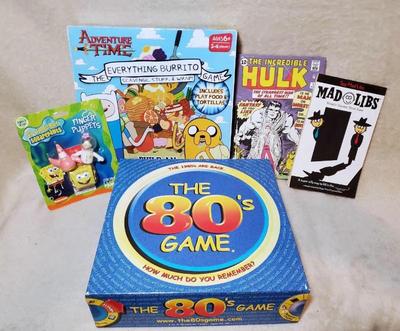 Games fun stuff 80s trivia, adventure time, spongebob, hulk, mad libs