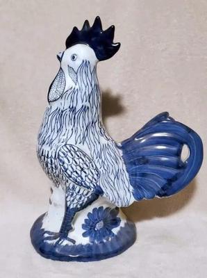 Chinese or delft style blue white 16 inch ceramic rooster