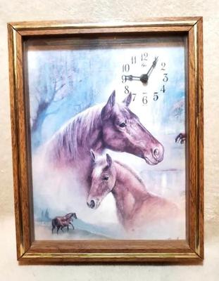 Vintage framed mare foal horse clock