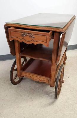 Vintage rolling glass top drop leaf tea cart