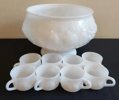 MILK GLASS PUNCH BOWL WITH EIGHT CUPS