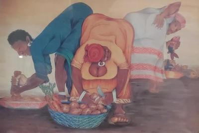 THREE WOMEN PREPARING FOOD PRINT BY GEORGE E. MILLER