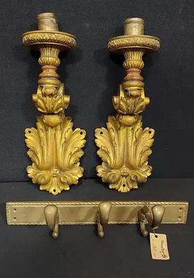 VINTAGE/ANTIQUE WIRED SCONCES AND 3 BRASS HOOK PLATE