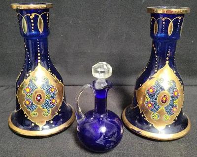 LOVELY COBALT BLUE GLASS VASES AND CRUET BOTTLE