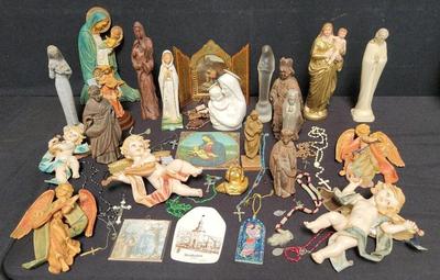 RELIGIOUS FIGURINE AND ROSARY LOT