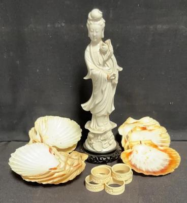 PRETTY GUANYIN FIGURINE, SHELLS, AND NAPKIN RINGS