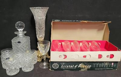 CRYSTAL DECANTER, GLASSES, WINE GLASSES, AND VASE