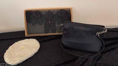 Black handbag white clutch and black collar cover 1