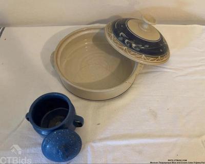 Mexican tlaquepaque blue and cream color frijoles pot 1