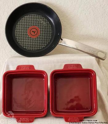2 red souper cubes dishes plus t fal pan 1