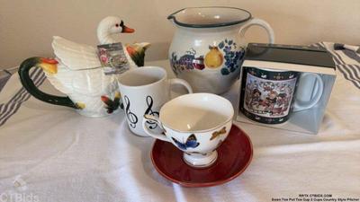 Swan tea pot tea cup 2 cups country style pitcher 1