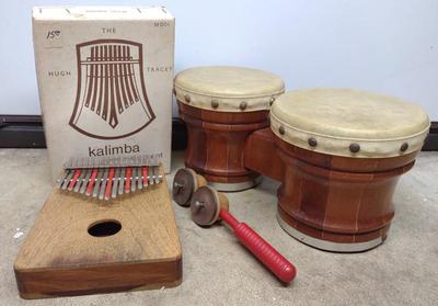 Sale Photo Thumbnail #403: Pair of Bongos, Tamborine, & Kalimba