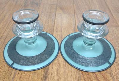 Sale Photo Thumbnail #117: Pair of Teal Etched Glass Candlesticks