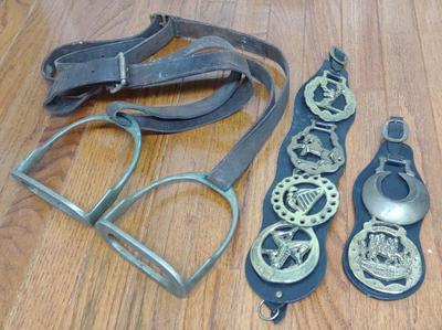 Sale Photo Thumbnail #330: Pr. of Stirrups & Brass Horse Harness Medallions