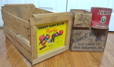 Sale Photo Thumbnail #294: Vintage Wooden Advertising Crates & Tobacco Tin