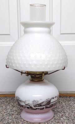 Sale Photo Thumbnail #288: Currier & Ives Hobnail Milk Glass Oil Lamp