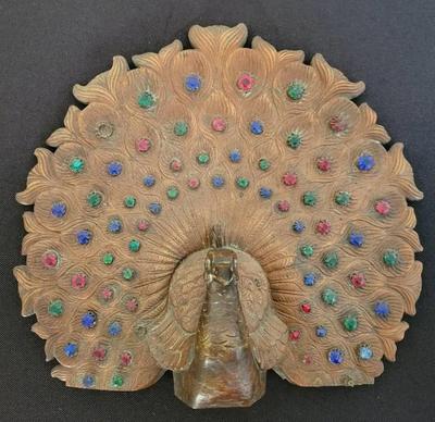 BRASS JEWELED PEACOCK SCULPTURE