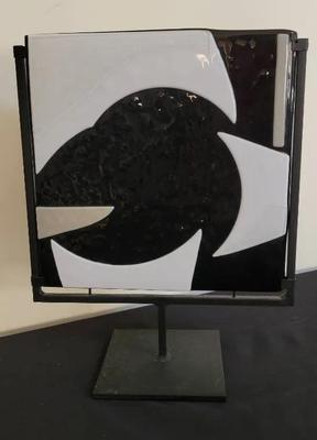 SIGNED ABSTRACT GLASS TILE IN METAL STAND 