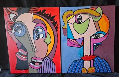 2 COLORFUL ABSTRACT FACE PAINTINGS